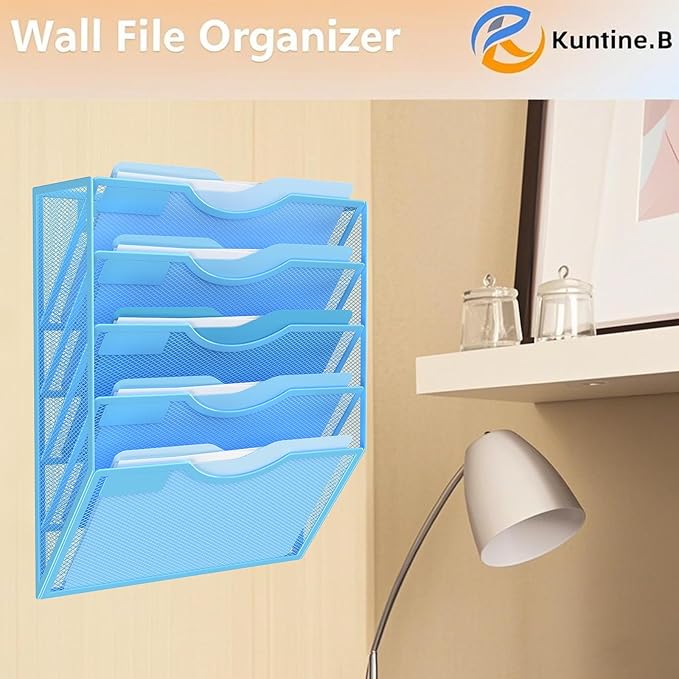 Kuntine.B Wall File Organizer Office Hanging Magazine Holder Wall File Organizer for Office Home (Blue, 5 Tier)