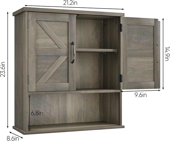 Bathroom Wall Cabinet with Barn Doors, Wall Mounted Bathroom Storage Cabinet, Farmhouse Style, Adjustable Shelf, Wall Mounted, Grey