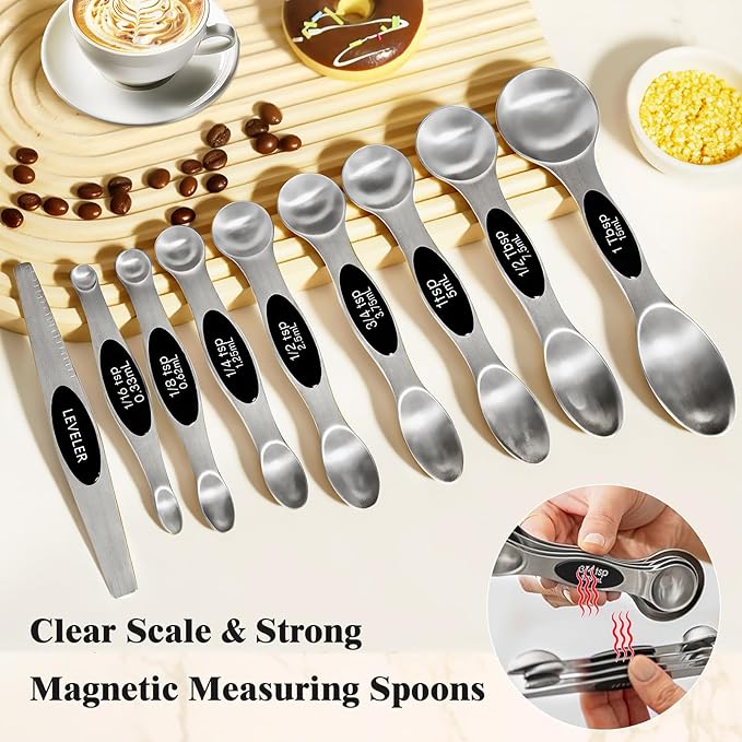 13pcs Stainless Steel Measuring Cups and Spoons Set, Including 8 Double-Sided Magnetic Measuring Spoons Set & 1 Leveler, 4 Metal Measuring Cups