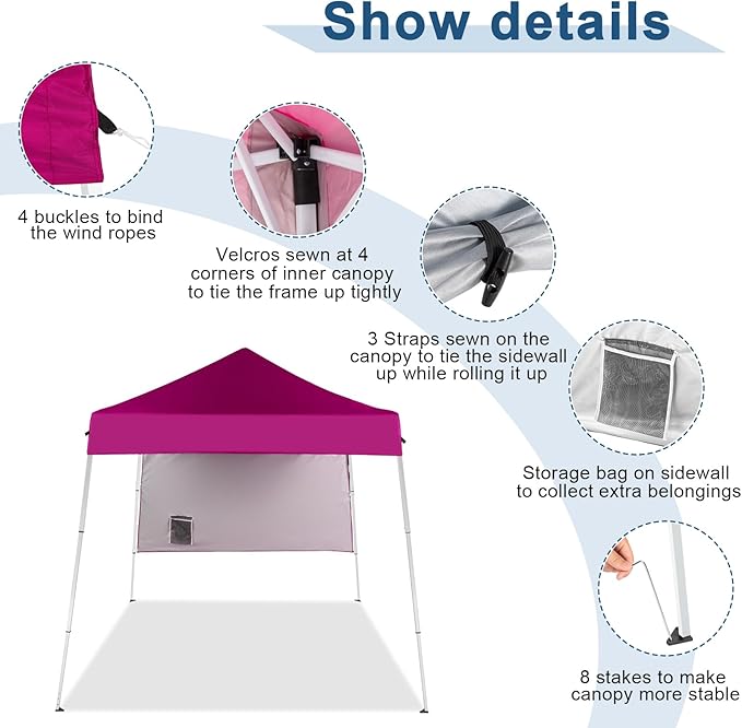 Bonnlo 6x6 Pop Up Canopy Tent, Outdoor Foldable Easy Up Party Tent with 1 Sidewall, Slant Legs Portable Gazebo for Camping, Parties (Pink)