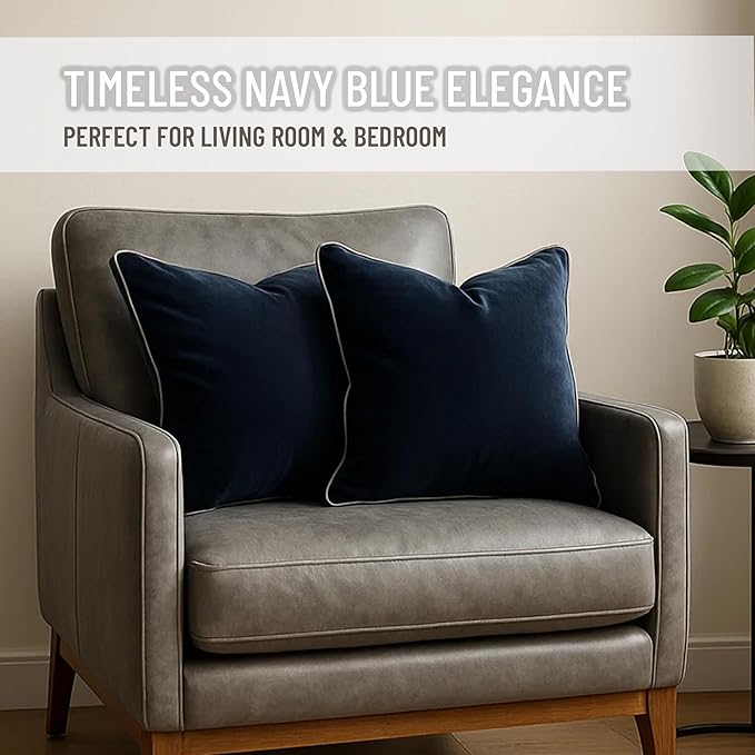 2 Pack Velvet Decorative Throw Pillow Covers, 12"x20", Navy Blue and Grey, Solid, Modern, Contrast Piping, Indoor Use, Bedroom & Living Room