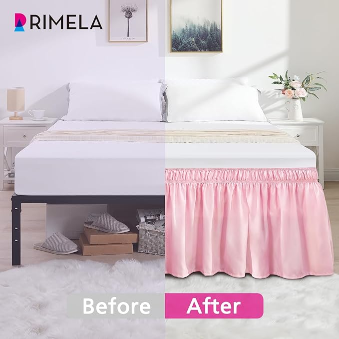 RIMELA Dusty Pink Bed Skirt King Size 15 Inch Drop, Wrap Around Elastic Bedskirt, Dust Ruffle for Adjustable Bed Base Machine Washable Easy to Install Bed Skirts