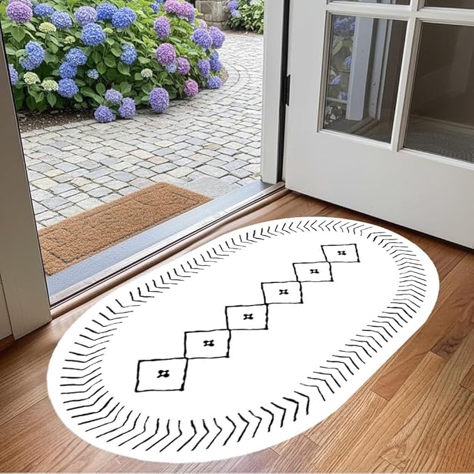 Simple Black and White Geometric Texture Bordered Area Rug 9x12 for Living Room Bedroom Dining Room Soft Washable Anti Slip Floor Mats Doormat Modern Minimalist Large Carpet Cozy Indoor Oval Rugs