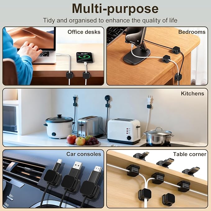 6Pack Magnetic Cable Clips Holder, Cord Organizer for Desk, Strong Adhesive Desk Cable Management for Phone Charger, Computer, Home, Office, Car (Black+White)