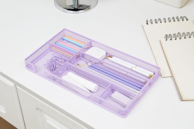 Annova Desk Drawer Organizer/Storage Tray - Metal Mesh with Dividers for Pens, Desktop Accessories, Bathroom, Kitchen, Makeup and Office Supplies (Small, Light Purple)
