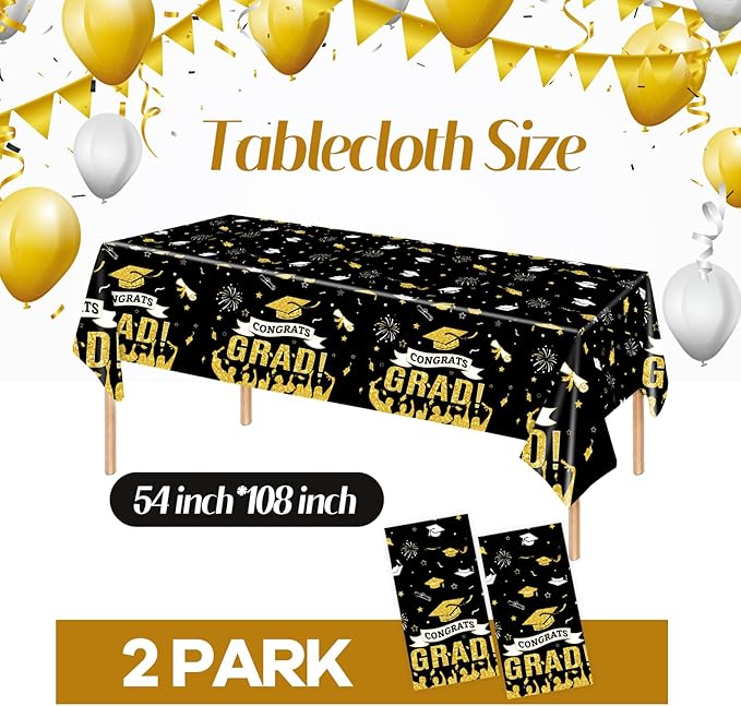 2 Pack Graduation Tablecloth, Class of 2026 Congrats Grad Table Cloths Disposable Plastic Rectangle Black Gold Table Cover for Graduation Tables Decorations Party Decor Supplies Favors,108 x 54 Inch