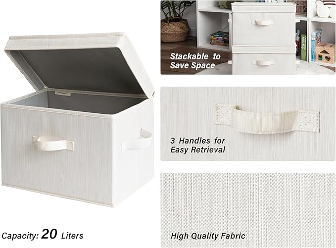 StorageWorks Fabric Storage Bins with Lid, Decorative Storage Boxes for Shelves, Stackable Closet Organizer Basket with Handles, Large, Mixing of Beige, White & Ivory, 2-Pack