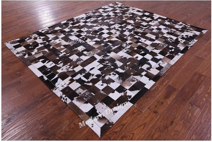 Modern Design Premium Cowhide Leather Carpet with Chevron Pattern, Area Rug (Brown/White-1, 4x6)
