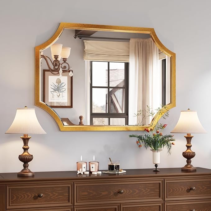 Kelly Miller Small Gold Mirror for Wall, 20"x28" Gold Bathroom Vanity Mirror Scalloped Mirror Decorative Wall Mirror Beveled for Master Bath Half Bath Living Room Bedroom Fireplace Mantle Entryway