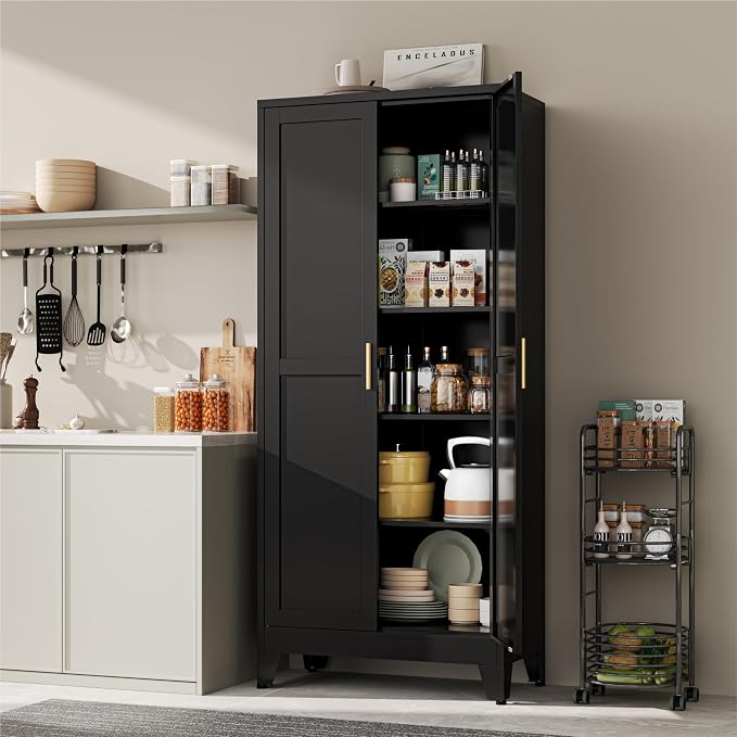 YAUWOH 71''Metal Cabinet with 4 Adjustable Shelves, 5-Tier Pantry Storage