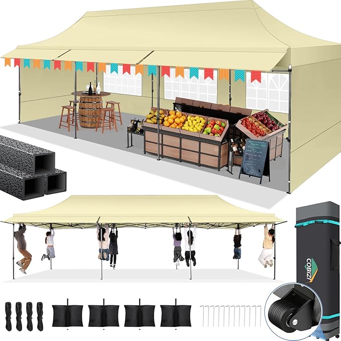 COBIZI 10X30 Pop Up Canopy Tent Heavy Duty with Sidewalls, Outdoor Commercial Canopy with Awning, Waterproof&69 SF Extended Awning, Vendor Tent for Market, Party Events, Khaki
