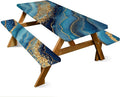 ANNA QUEEN 6FT Blue Marble Picnic Table Cover with Bench Covers Picnic Table Cover Set 3PCS 72"x30", Waterproof Outdoor Bench and Tablecloth Furniture Protection for Camping