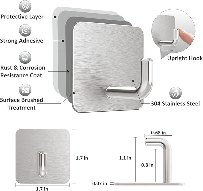 VIS'V Adhesive Hooks, Metal Shower Wall Stick on Hooks, Waterproof, 2 Extra Adhesive Strips, Silver, 4 Pcs