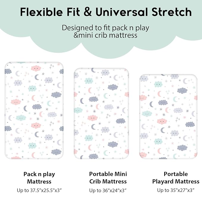 Yoofoss Pack and Play Sheets Fitted, Mini Crib Sheets 2-Pack for Pack N Play Mattress, Stretchy Playard Sheet, Soft and Breathable (Cloud)