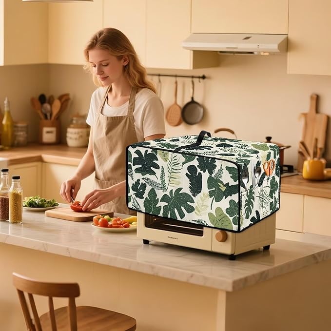 Monstera Palm Leaf Print Microwave Oven Dust Cover Foldable Microwave Toaster Oven Cover Easy to Clean Dust-Proof Kitchen Machine Covers Case Protections Protector, L