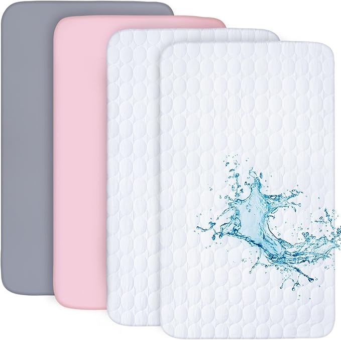 Crib Sheets and Waterproof Crib Mattress Protector 4 Pack Set,Waterproof Crib Sheets Mattress Pad Cover for Baby Boys and Girls, Grey&Pink