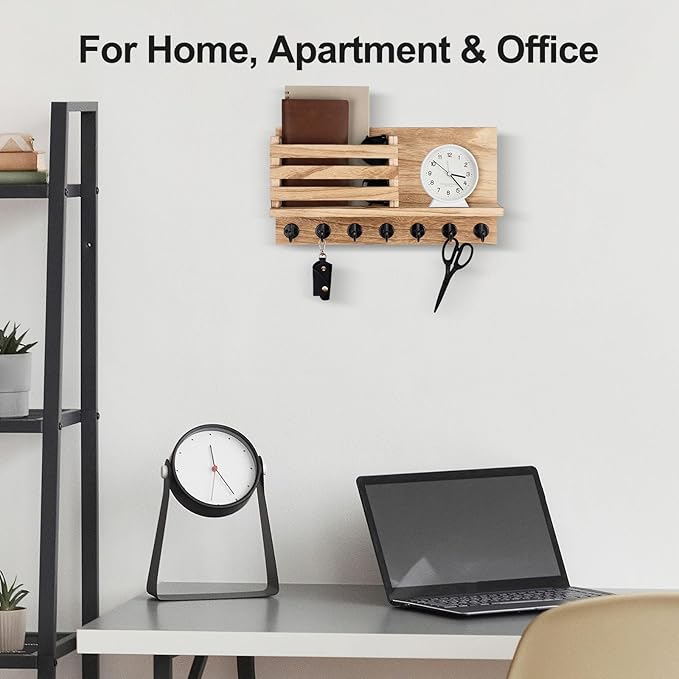 Lwenki Key Holder for Wall – Decorative Wooden Mail Holder and Key Shelf with Mounting Hardware, Installation Guide – Paulownia Wood with Metal Key Hooks (Wood, Extra Large - 15.6inch)