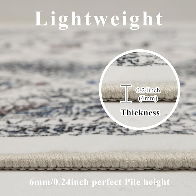 Washable Rugs 5x7 Area Rugs for Living Room, Thin carpet for Bedroom, Soft Faux Wool Retro Dining Room Rug，Non Slip&Non-Shedding Resistant Low Pile Vintage Print Rug for Home Office (White Cream/Gray)