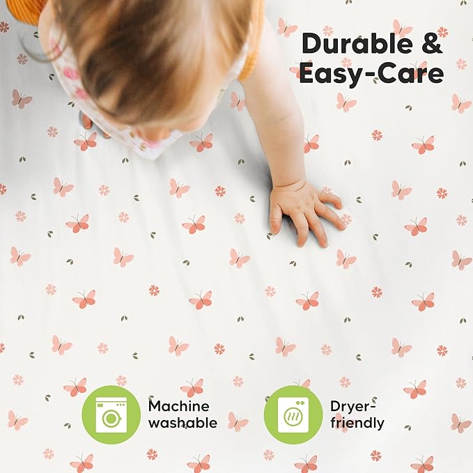 2-Pack Mini Crib Sheets Fitted - 38x26 Pack N Play Sheets for Pack and Play Mattress, Organic Cotton, Soft & Breathable Playard Bedding, Neutral Mini Toddler Bed Cover for Boys, Girls (Butterflies)