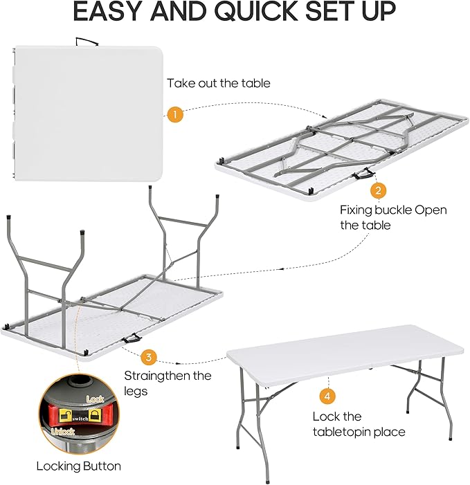 6ft Folding Table Heavy Duty 350 LBS Capacity Foldable Table with 18% Thicker HDPE Waterproof Top & Reinforced Steel Frame, Portable Fold-in-Half Table for Outdoor Indoor Party Wedding Camping