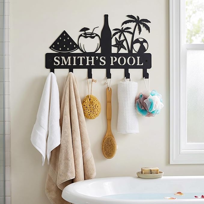 Metal Key Holder Wall Mount, Coastal Tropical Key Rack Hooks, Beach Pool Sunset Wall Art Organizer for Entryway, Kitchen, Hallway, Garage, Farmhouse Home Decor & Housewarming Gift (Pool Party)