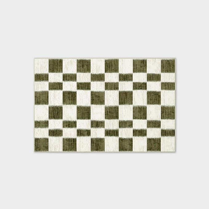 EVERGRACE Checkered Plaid Area Rug 2x3, Soft Fuzzy Faux Wool Rugs Washable Anti Slip Rugs Small Rug Carpet for Entryway Bedroom Living Room Hallway Kitchen Dining Room and Laundry Room, Olive Green