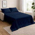 NON Sticky cotton Twin Size Sleeper Sofa Sheets, 4 Piece Egyptian Cotton Bed Sheet Set for Sofa Bed, 8" Deep Pocket for Pull Out Couch Mattress, 39" x 75", Navy Blue Stripe, Soft & Breathable