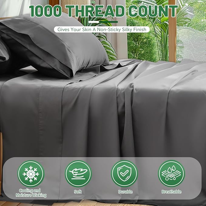 Egyptian Cotton Sheets Full Size 1000 Thread Count Sateen Weave Soft Breathable 16-Inch Deep Pocket 4PCS（Full,Dark Grey）