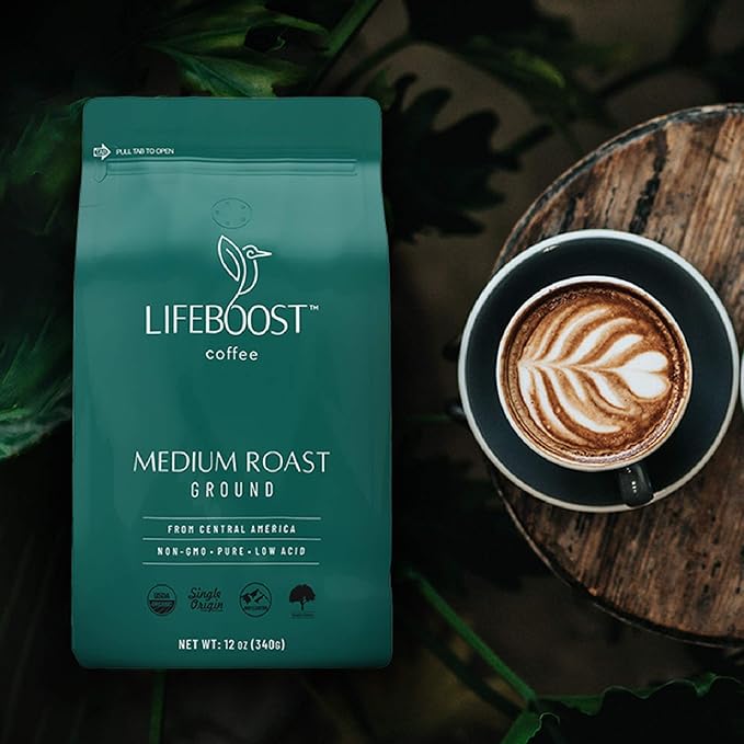 Lifeboost Medium Roast Low Acid Ground Coffee, Certified Organic, 12oz