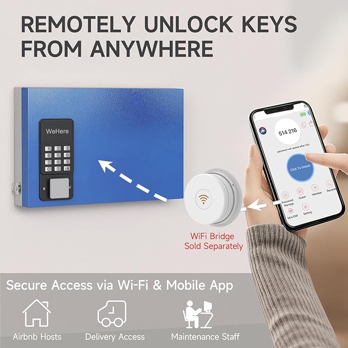 WeHere 24-Key Smart Key Lock Box Wall-Mount, Key Cabinet with Key Management App(Track Key Borrow/Return), Keypad, Bluetooth & WiFi Unlock (Sold Separately) for Commercial, School, Rental, Office