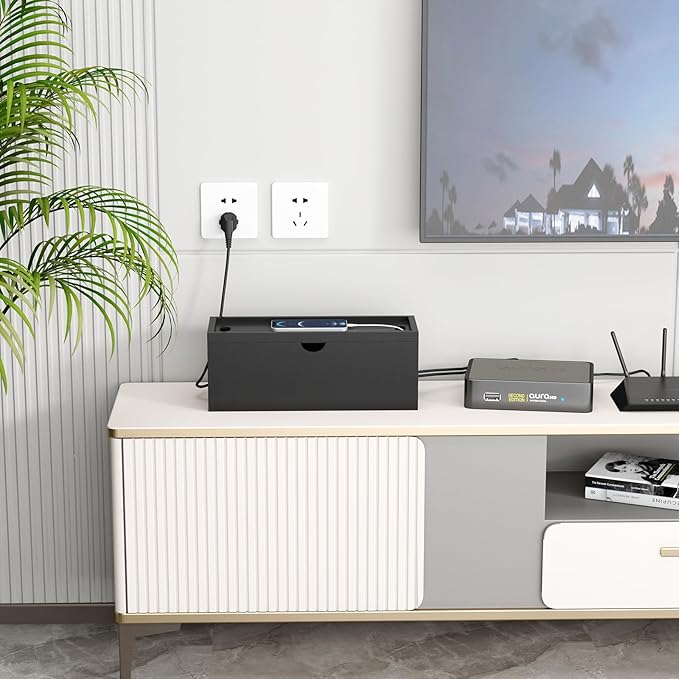 Bamboo Cable Management Box, Large Cord Organizer Box Cable Box to Hide Wires & Power Strips for Desktop Storage Cord Holder for Office Home,No Assembley Required (All Black, 1Medium)