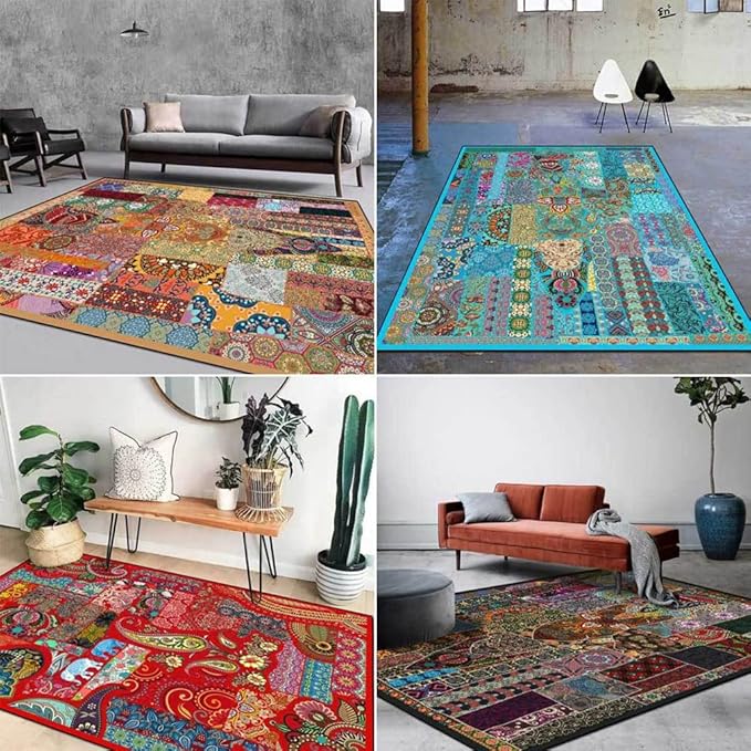 Vintage Boho Area Rugs Multicolor Ethnic Style Geometric Splicing Carpets Bedroom Living Room Kitchen Floor Mats Indoor Outdoor Non-Shedding Runner Rug Home Décor Carpet 2' X 3'