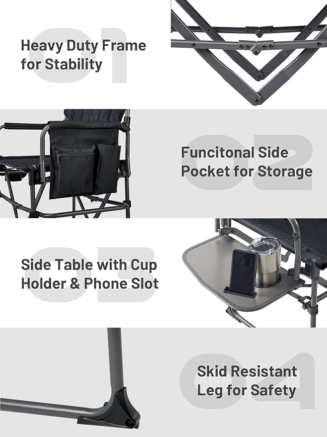 TIMBER RIDGE Heavy Duty Camping Chair with Compact Size, Portable Directors Chair with Side Table and Pocket for Camping, Lawn, Sports and Fishing, Supports Up to 400lbs, Black
