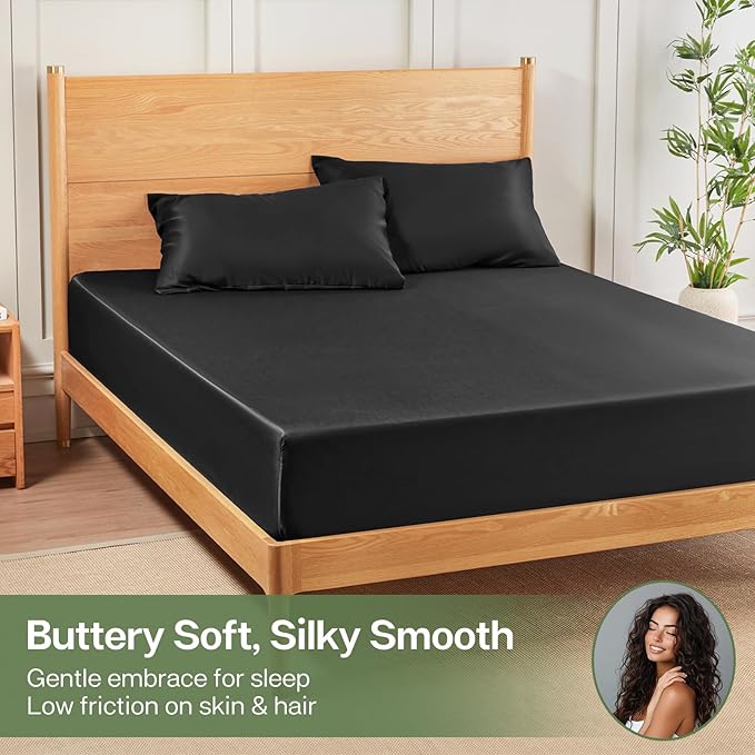 MR&HM Twin XL Fitted Sheet Only, Ultra-Soft Rayon Derived from Bamboo & Polyester Blend, Silky & Breathable, 15" Deep Pocket with Elastic Straps, Cooling Fitted Sheet for Hot Sleepers, Black