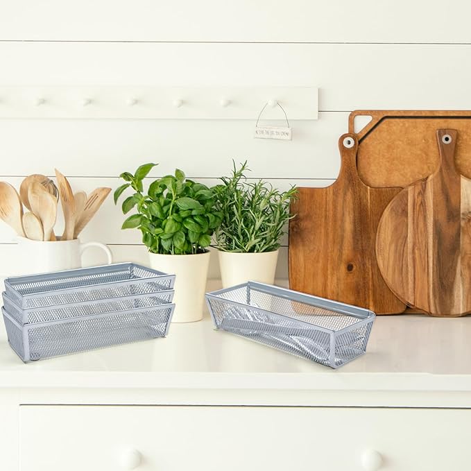 4PCS Drawer Organizer for Kitchen,Utensil Mesh Drawer Organizer with Interlocking Arm for Cosmetic,Flatware,Pen (9 * 3 * 2 Inches,Grey)
