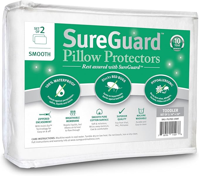 Set of 2 Travel Size SureGuard Pillow Protectors - 100% Waterproof, Bed Bug Proof, Hypoallergenic - Premium Zippered Cotton Covers - Smooth