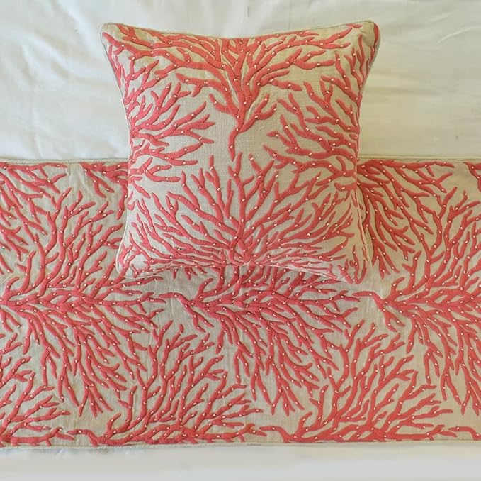 The HomeCentric King/Queen/Twin Coral, Peach & Pink Designer Twin 53"x18" Bed Runner Without Pillow Cover, Coral, Pearl Embroidery, Under The Sea & Beach Theme on Linen Fabric - Coraline Pearls