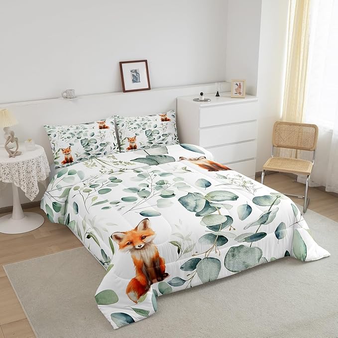 Erosebridal Girls Cartoon Animal Twin Comforter Set for Kids Toddler Kawaii Fox Bedding Set Twin, Woodland Wildlife Bedding Comforter Sets Jungle Wild Fox Duvet Set, Green Eucalyptus Quilted Comforter