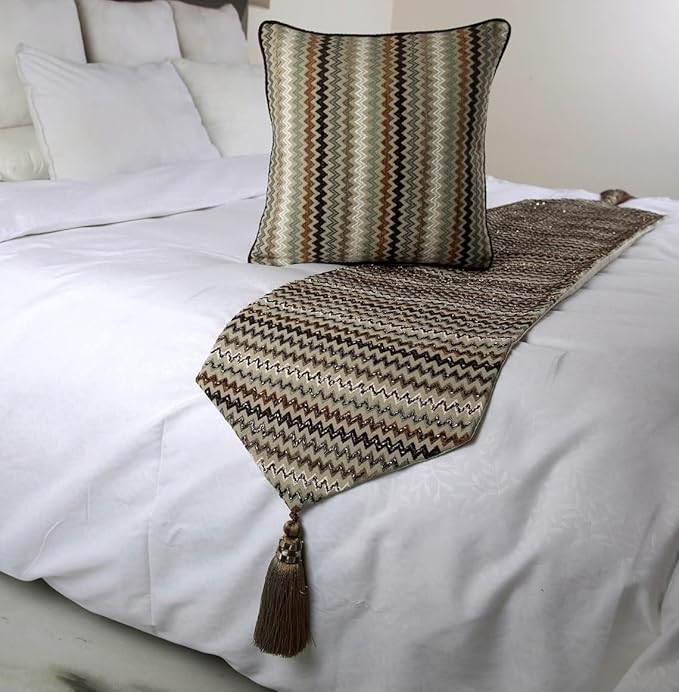 The HomeCentric Decorative Designer Handmade Bed Runner with 2 Decorative Throw Pillow Cover, 68 x 18 Inch Velvet Designer Full Size Bed Scarf with Tassle & Bead Embroidered Bed Linen - Chevron Fun