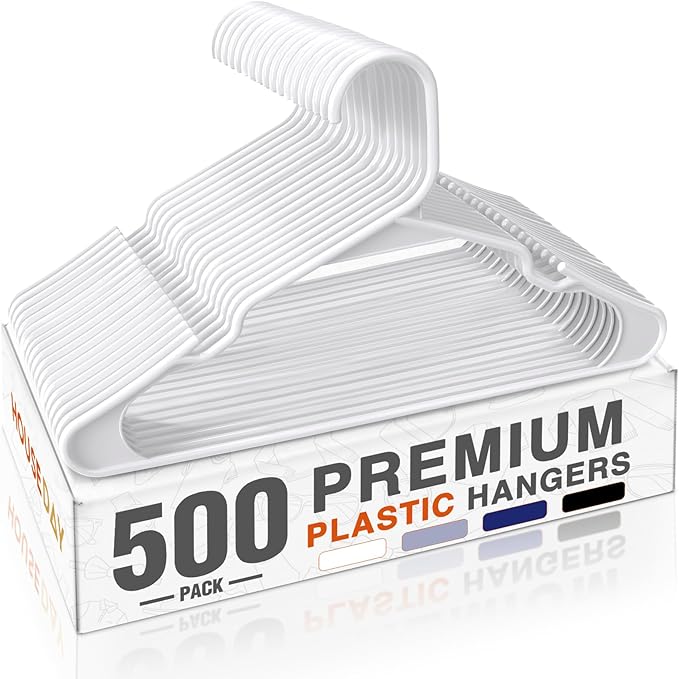 HOUSE DAY 500 Pack Plastic Clothes Hangers, Commercial Bulk Shipment for Business, Sturdy Durable Notched Hangers Ideal for Retail Dry Cleaners Warehouses, Save Cost & Warehouse Space - White