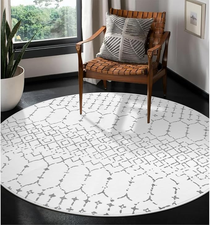 Lahome Moroccan Circle Rug - 6Ft Washable Large Round Area Rugs for Living Room Non-Slip Low-Pile Dining Room Rugs for Under Table, Modern Geometric Print White Circular Rug for Office Bedroom Nursery