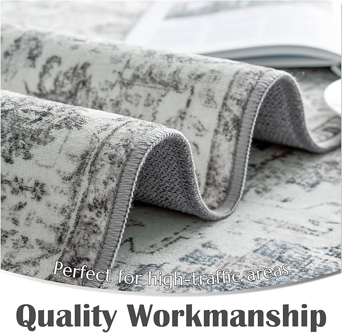 jinchan Kalen Area Rug 3x5 Washable Entryway Rug Soft Door Mat Vintage Indoor Entrance Thin Retro Distressed Carpet Grey Floral Country Boho Non Slip Doormat Bathroom Kitchen Bedroom