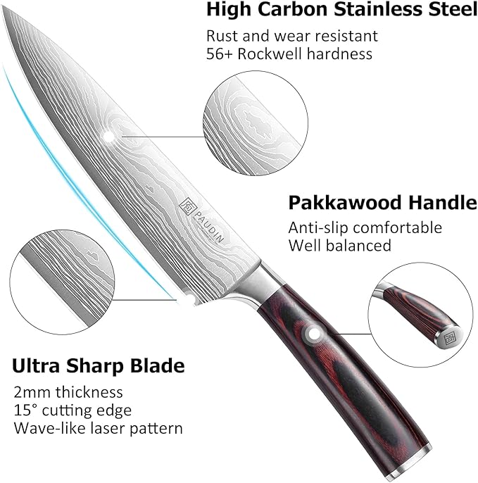 PAUDIN Kitchen Knife Set, 3 Piece High Carbon Stainless Steel Professional Chef Knife Set with Ultra Sharp Blade & Wooden Handle (Kitchen Knife Set 3 Pcs)