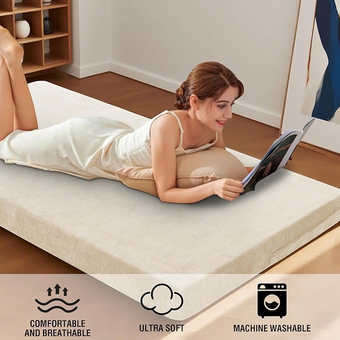 H.VERSAILTEX Queen Size Armless Futon Mattress Covers for Traditional Japanese Futon Mattress Soft Chenille Couch Slipcovers Floor Mats Sofa Protector Zippered Sleeper Sofa Cover,Beige