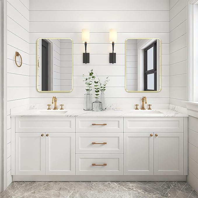 Wall Mount Mirror for Bathroom, Brushed Gold Metal Framed Rounded Corner Rectangular Vanity Mirror (18" x 24", Gold)