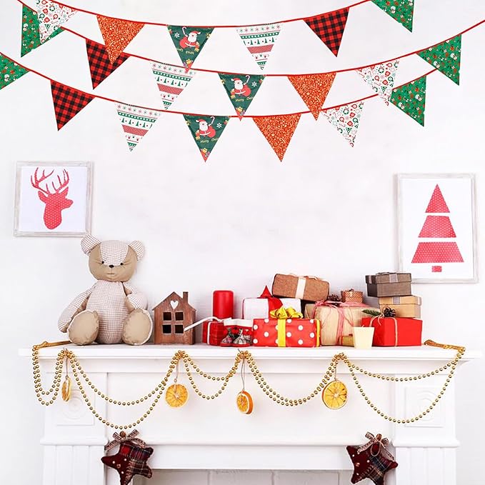 Zwiebeco 32Ft Red Green Christmas Pennant Banner Triangle Flags Fabric Bunting Garland Red-Black Plaid Checkered Cotton Flag for Xmas Birthday Wedding Christmas New Year Party Home Garden Decorations