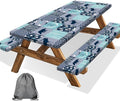 Picnic Table Cover with Bench Covers, Camping Essentials, Rustic Cabin Deer Bear Stripes Waterproof Windproof Patio Table Cover, Fitted Tablecloth Cover with Elastic Edge for Outdoor 3 PCS 30x60 Inch