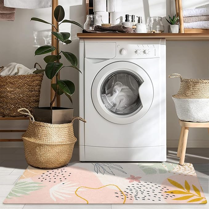 Lahome Washable Runner Rug for Hallway - 2x4 Non-Slip Throw Soft Bathroom Rug Runner Lightweight Pink Kitchen Mat, Boho Botanical Print Indoor Carpet Runner for Entrance Bedroom Laundry Living Room