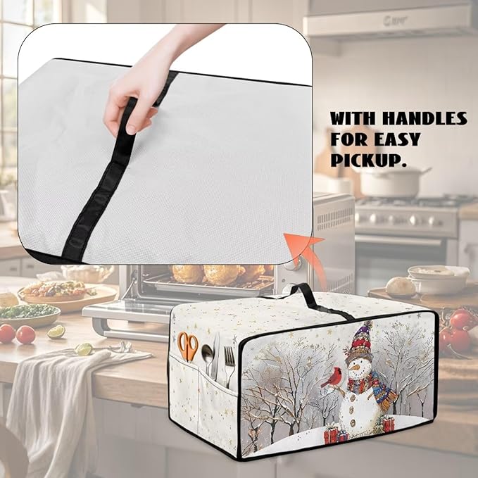 Christmas Air Fryer Toaster Oven Dust Cover Dustproof Convection Oven Cover with Pockets for Small Kitchen Appliances, S, 14.5 x 18.5 x 9 Inches, Snowman Cardinal Bird Tree Star White