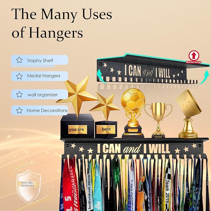 iBobbish Metal Medal Hanger Display,Non-Slip Trophy Shelf with 20 Hooks,Wall Mount,Heavy Duty,Non-Bent,Holds 22-33lbs,for Gymnastics,Race,Soccer,Swim